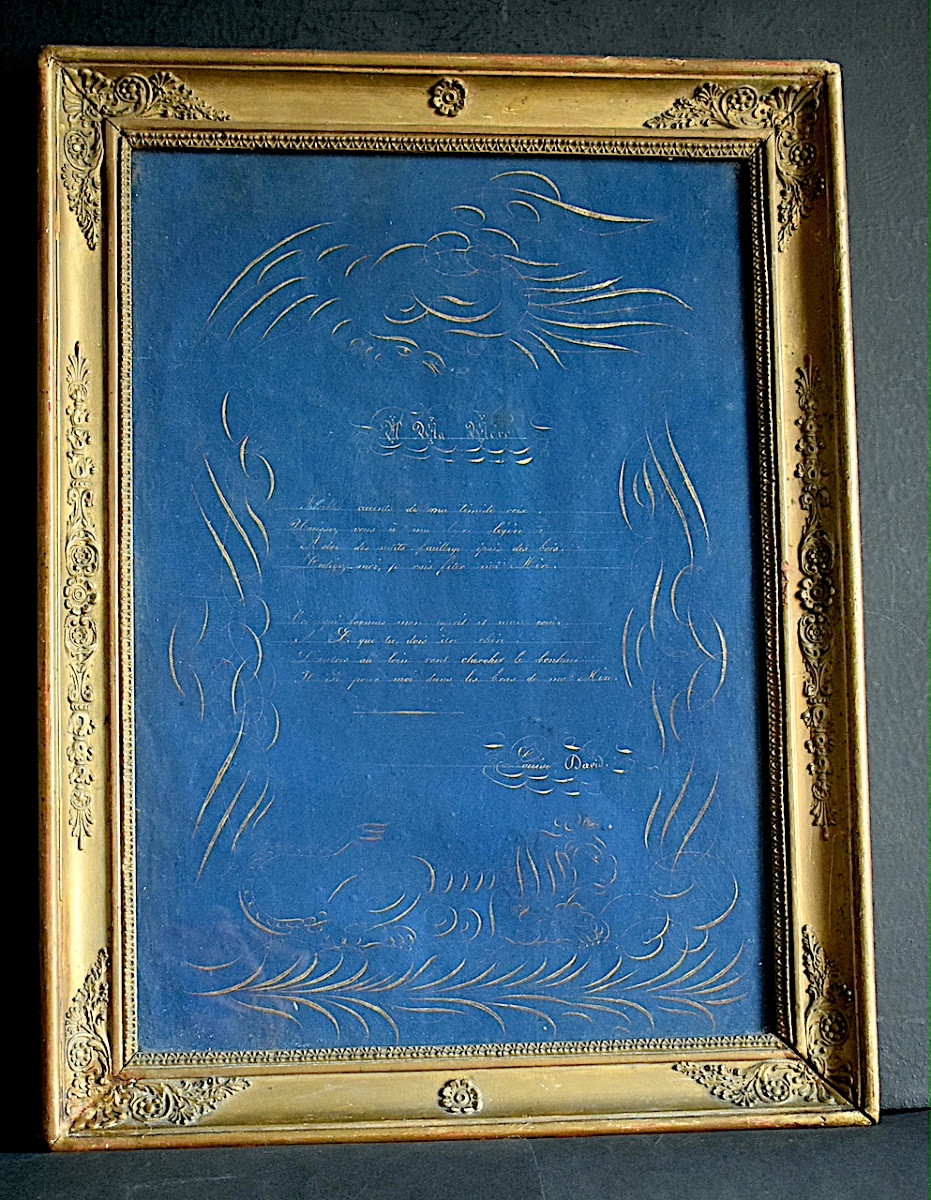 Poem In Gold Ink On Blue Paper "to My Mother" Signed Louise David Early 19th Rt1409-photo-4