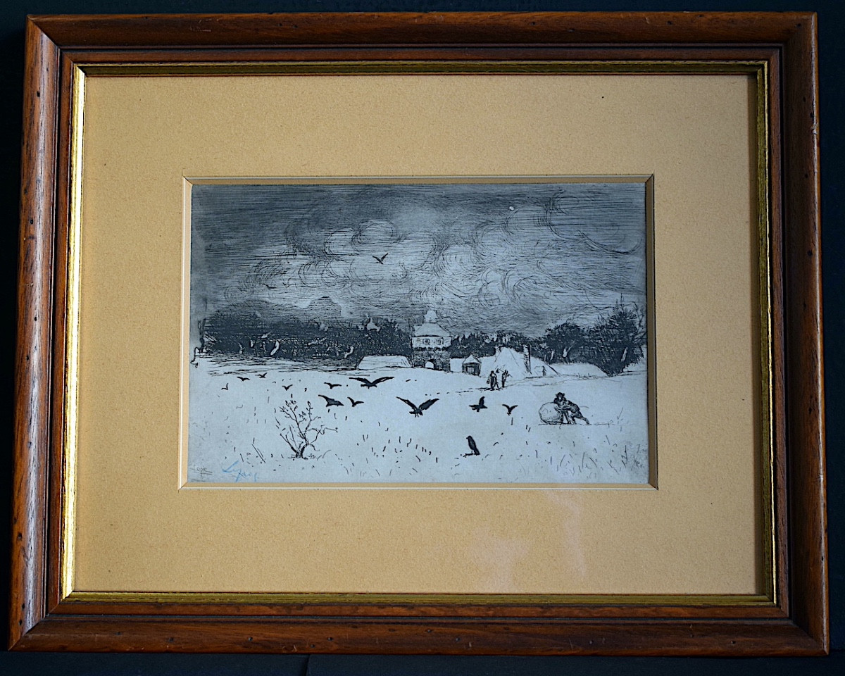 Lepic Ludovic Napoléon, Signed Etching, Animated Snow Landscape, 19th Century, Rt1415