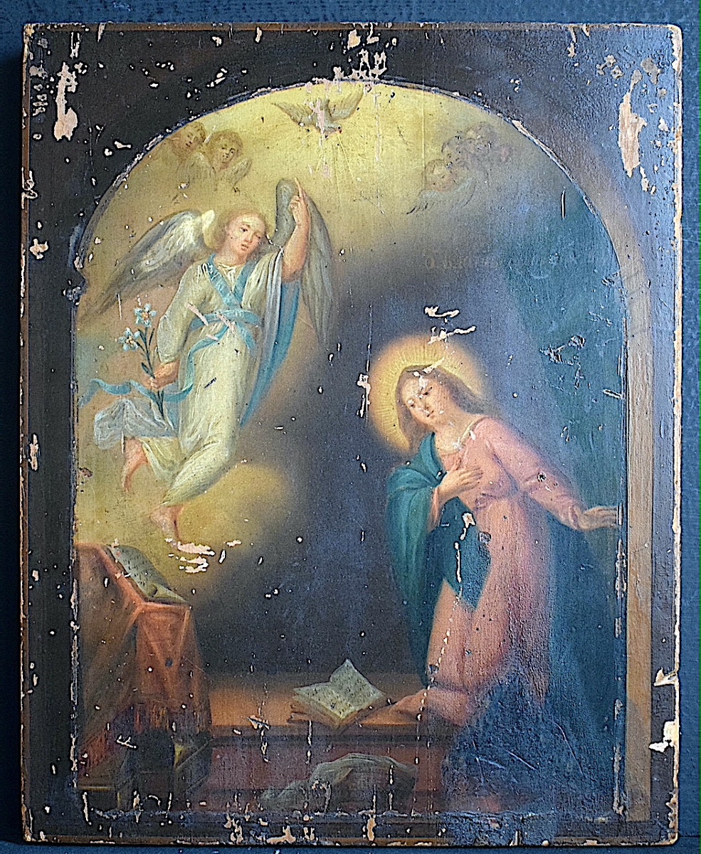 Russian Icon On Wood, The Annunciation, Angel Gabriel, Virgin Mary, Early 19th Century, Rt1424