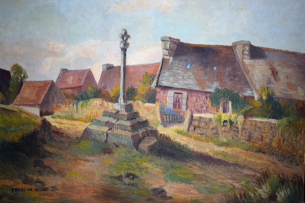 Post-impressionist Breton Landscape, Breton Village, Kroaz Aa Muen, Calvary, 20th Century, Rt1425-photo-2