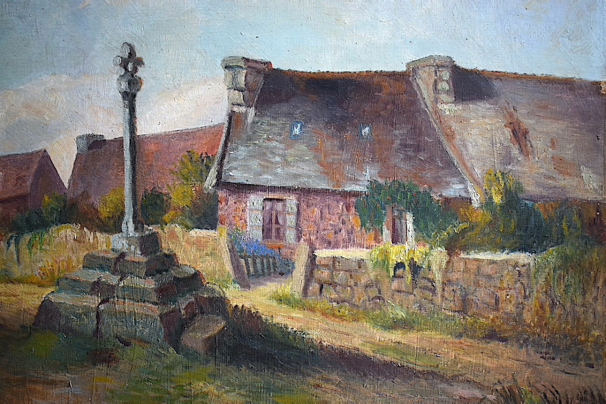 Post-impressionist Breton Landscape, Breton Village, Kroaz Aa Muen, Calvary, 20th Century, Rt1425-photo-1