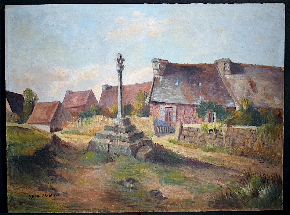 Post-impressionist Breton Landscape, Breton Village, Kroaz Aa Muen, Calvary, 20th Century, Rt1425