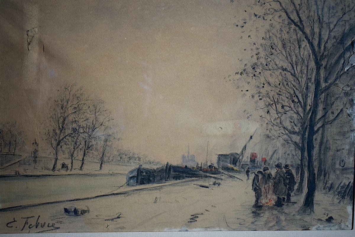 EDOUARD FEBVRE ( 1885-1967)aquarelle  péniches Paris bord de Seine personnages RT1429-photo-2