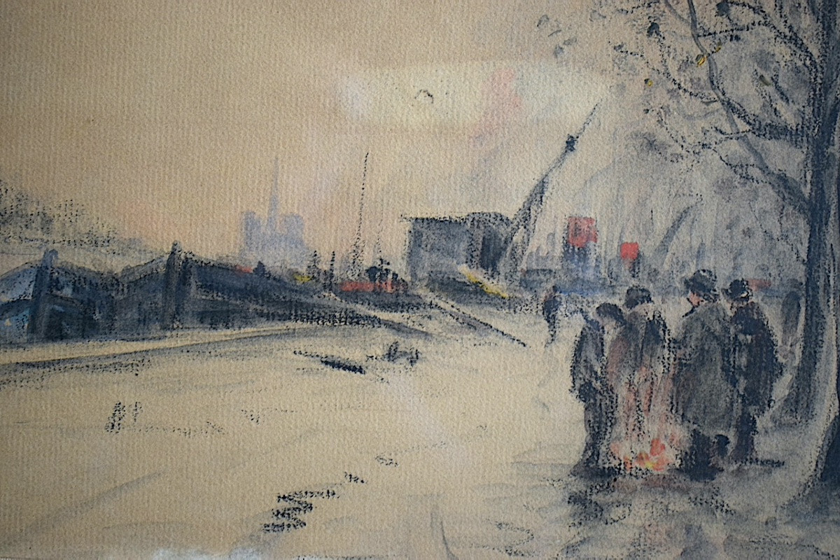 EDOUARD FEBVRE ( 1885-1967)aquarelle  péniches Paris bord de Seine personnages RT1429-photo-1