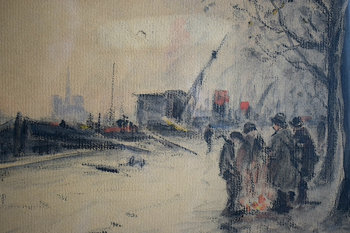 EDOUARD FEBVRE ( 1885-1967)aquarelle  péniches Paris bord de Seine personnages RT1429-photo-5