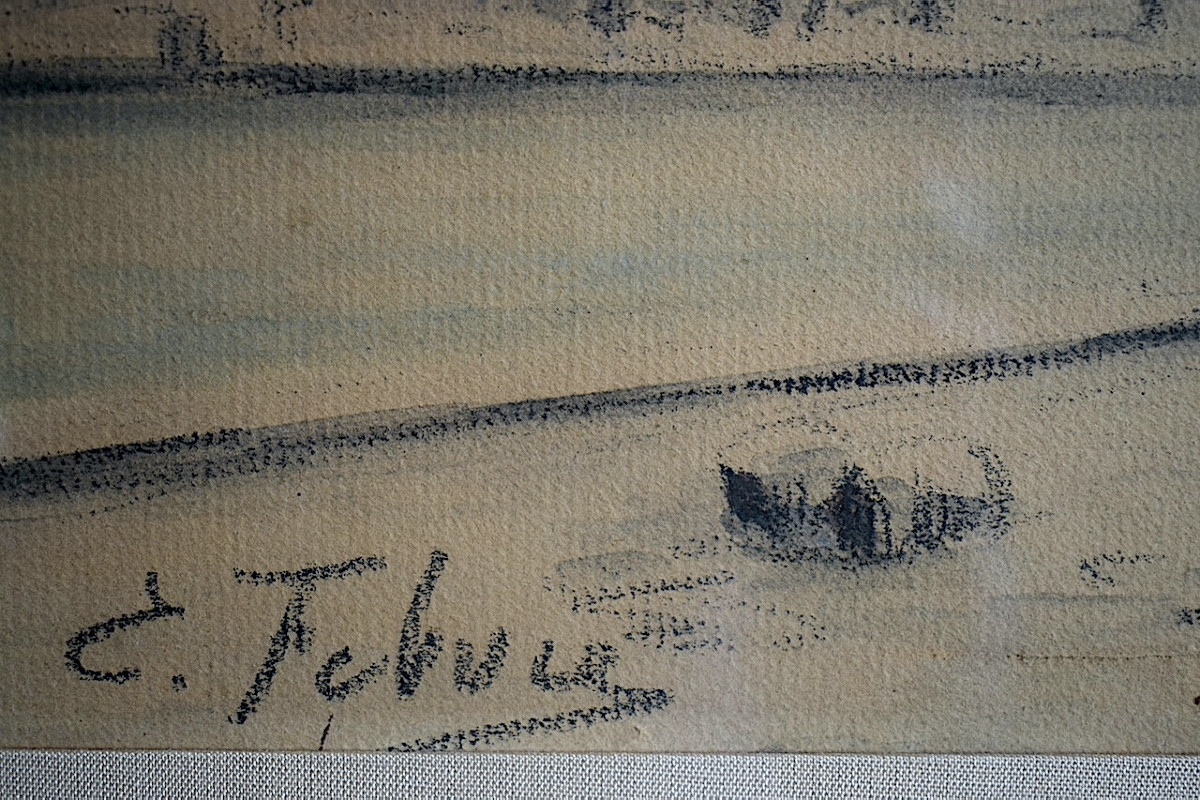 EDOUARD FEBVRE ( 1885-1967)aquarelle  péniches Paris bord de Seine personnages RT1429-photo-6