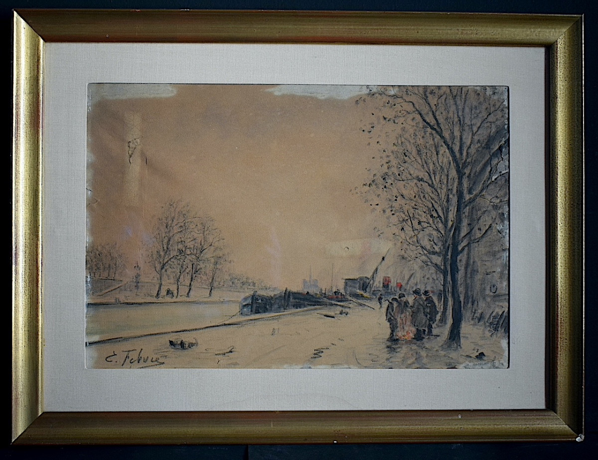 EDOUARD FEBVRE ( 1885-1967)aquarelle  péniches Paris bord de Seine personnages RT1429