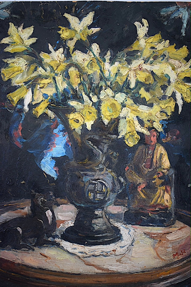 Still Life With Flowers, Monogram Mk (?), Daffodils, Buddha, Vase, Bird, Early 20th Century, Rt1440-photo-2