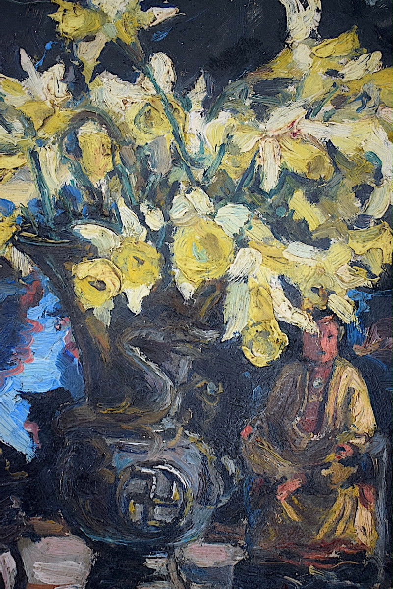 Still Life With Flowers, Monogram Mk (?), Daffodils, Buddha, Vase, Bird, Early 20th Century, Rt1440-photo-4