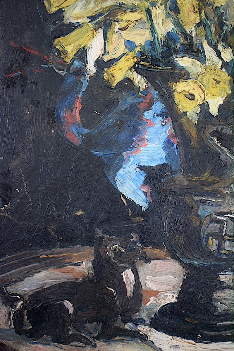 Still Life With Flowers, Monogram Mk (?), Daffodils, Buddha, Vase, Bird, Early 20th Century, Rt1440-photo-1