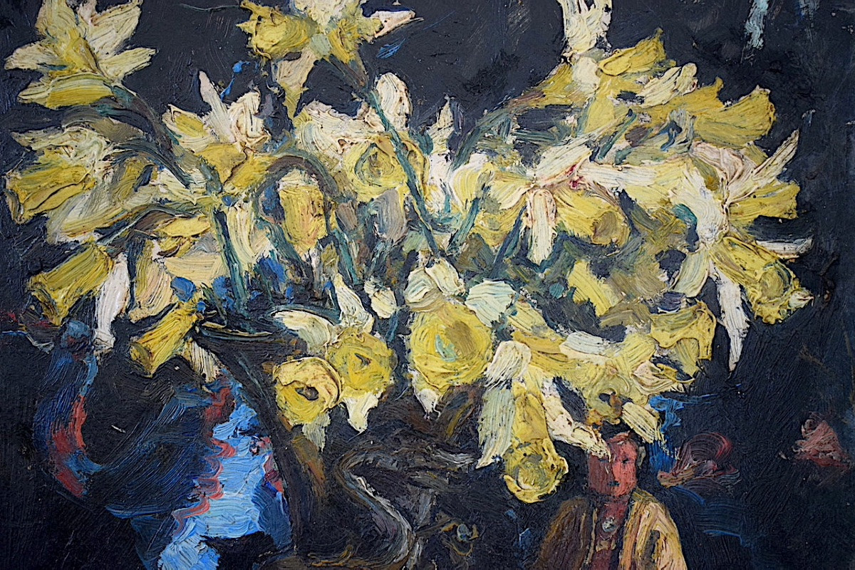 Still Life With Flowers, Monogram Mk (?), Daffodils, Buddha, Vase, Bird, Early 20th Century, Rt1440-photo-2