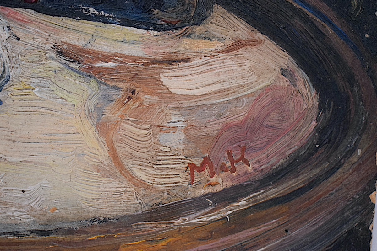 Still Life With Flowers, Monogram Mk (?), Daffodils, Buddha, Vase, Bird, Early 20th Century, Rt1440-photo-3