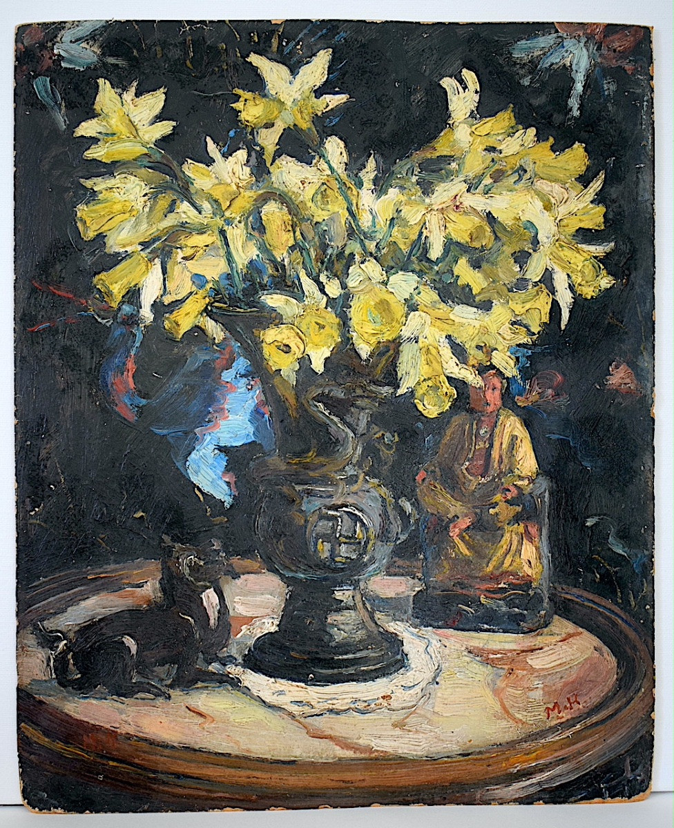 Still Life With Flowers, Monogram Mk (?), Daffodils, Buddha, Vase, Bird, Early 20th Century, Rt1440-photo-5