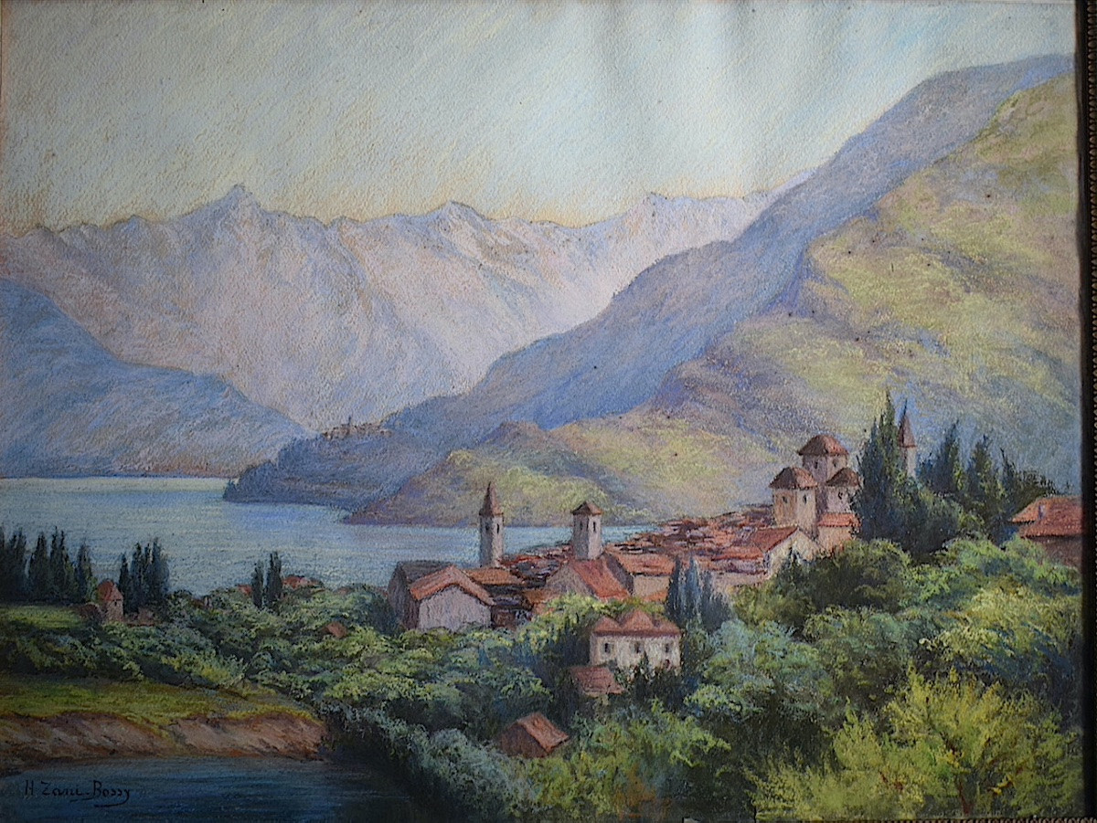 Pastel paysage bord de lac  Suisse Italie ? signé H ZANI BOSSY XX ème siècle RT1445-photo-2