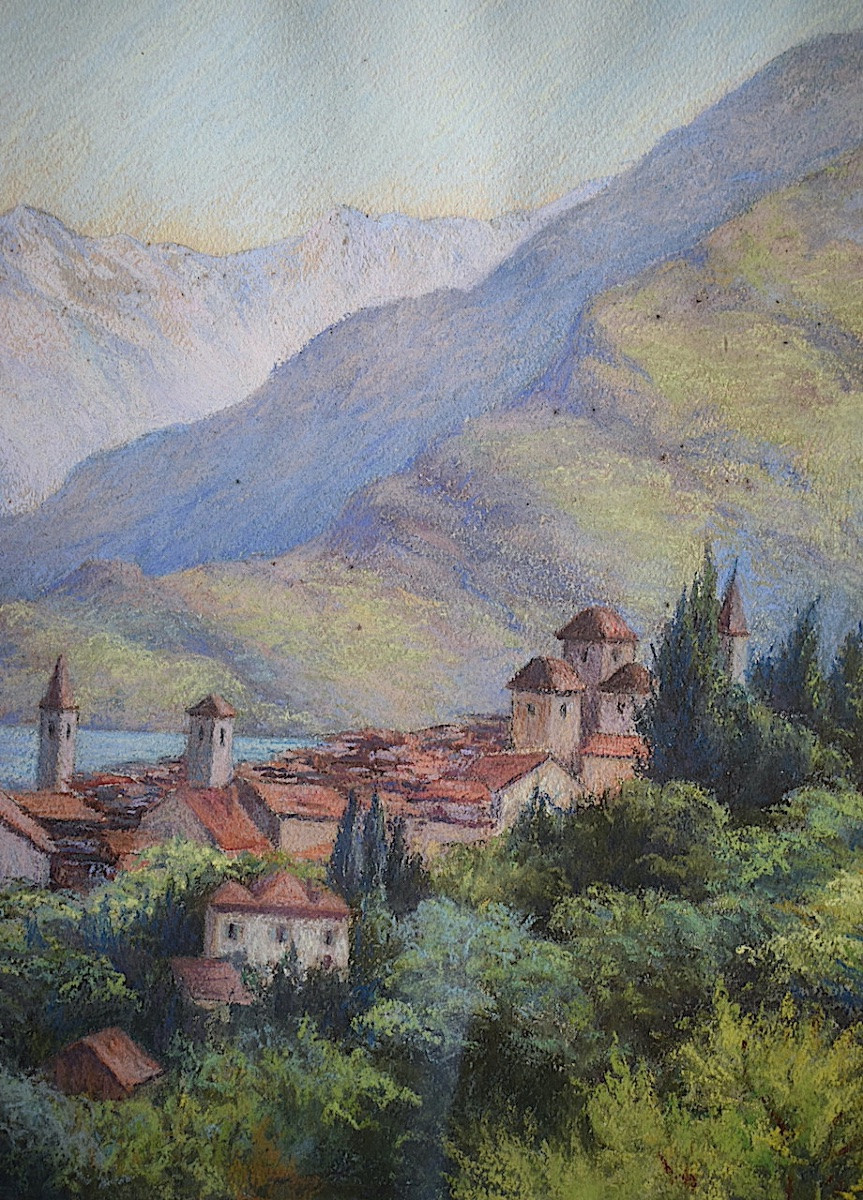 Pastel paysage bord de lac  Suisse Italie ? signé H ZANI BOSSY XX ème siècle RT1445-photo-3