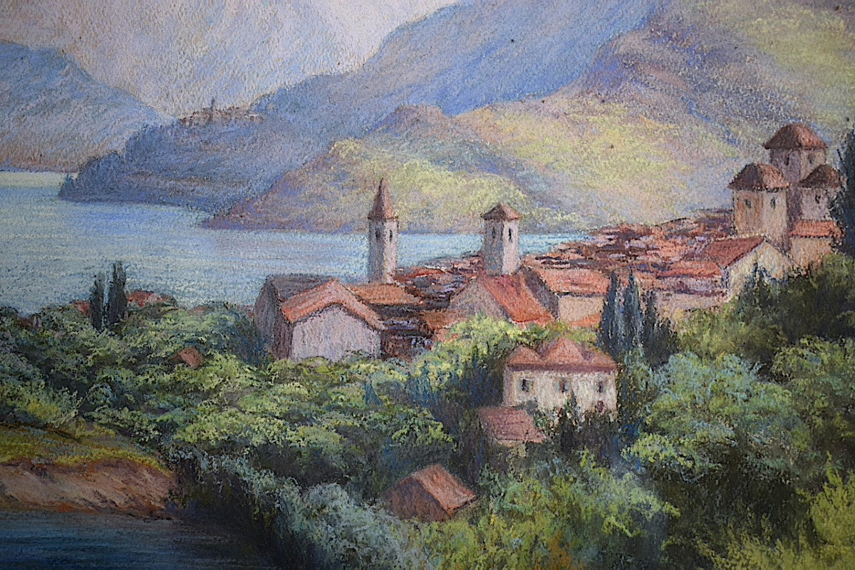 Pastel paysage bord de lac  Suisse Italie ? signé H ZANI BOSSY XX ème siècle RT1445-photo-4
