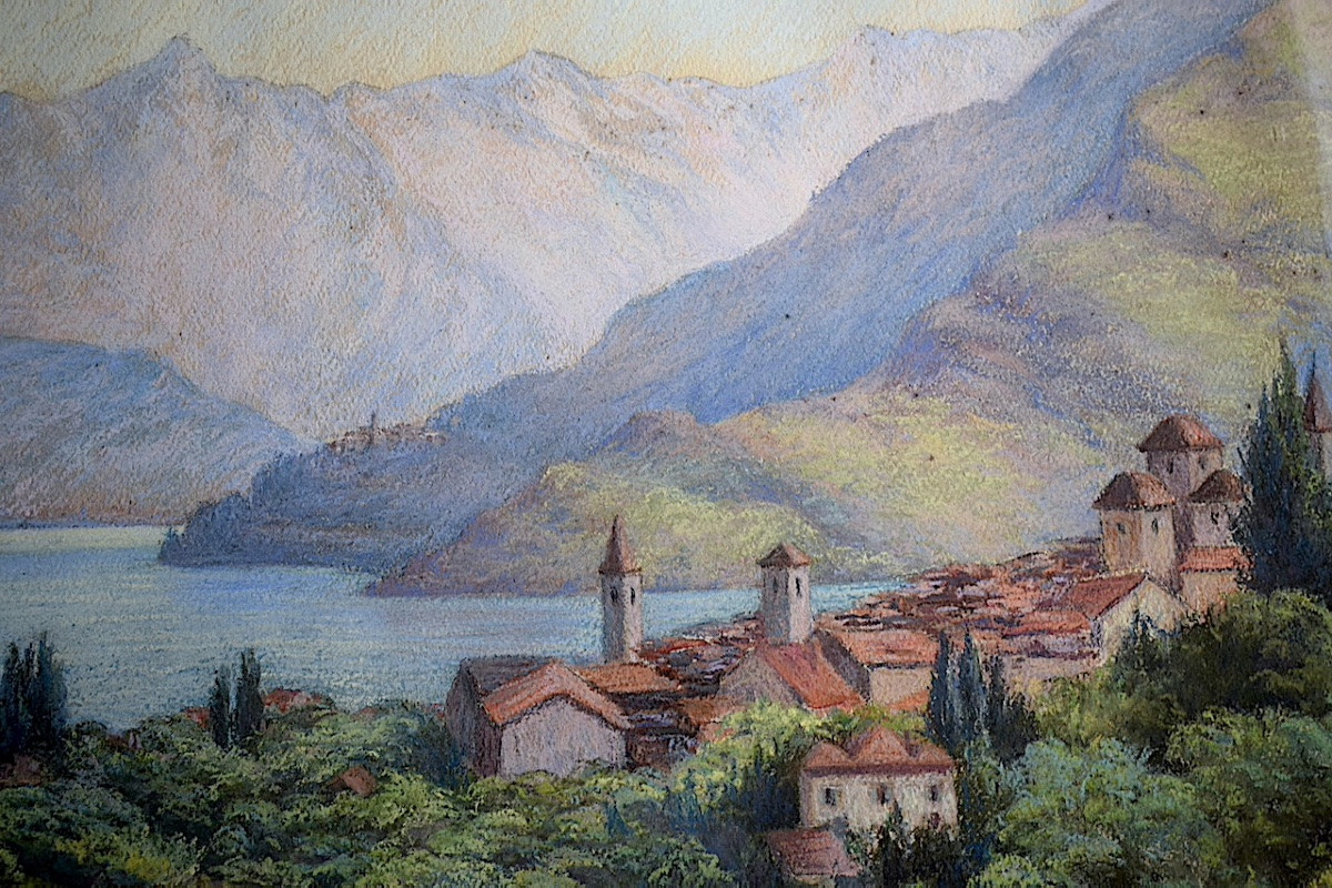 Pastel paysage bord de lac  Suisse Italie ? signé H ZANI BOSSY XX ème siècle RT1445-photo-1