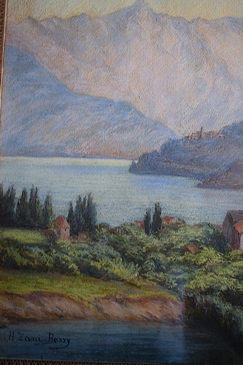 Pastel paysage bord de lac  Suisse Italie ? signé H ZANI BOSSY XX ème siècle RT1445-photo-2