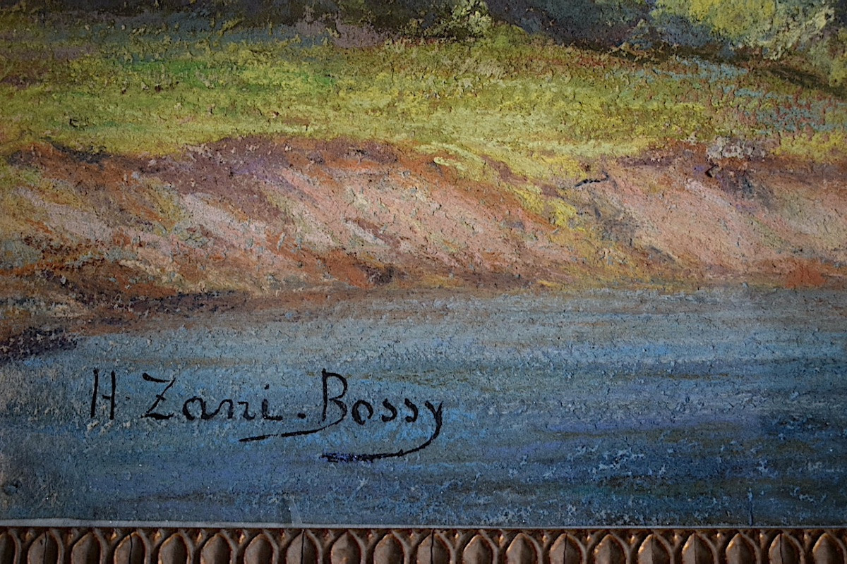 Pastel paysage bord de lac  Suisse Italie ? signé H ZANI BOSSY XX ème siècle RT1445-photo-3