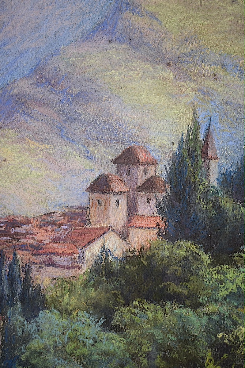 Pastel paysage bord de lac  Suisse Italie ? signé H ZANI BOSSY XX ème siècle RT1445-photo-4