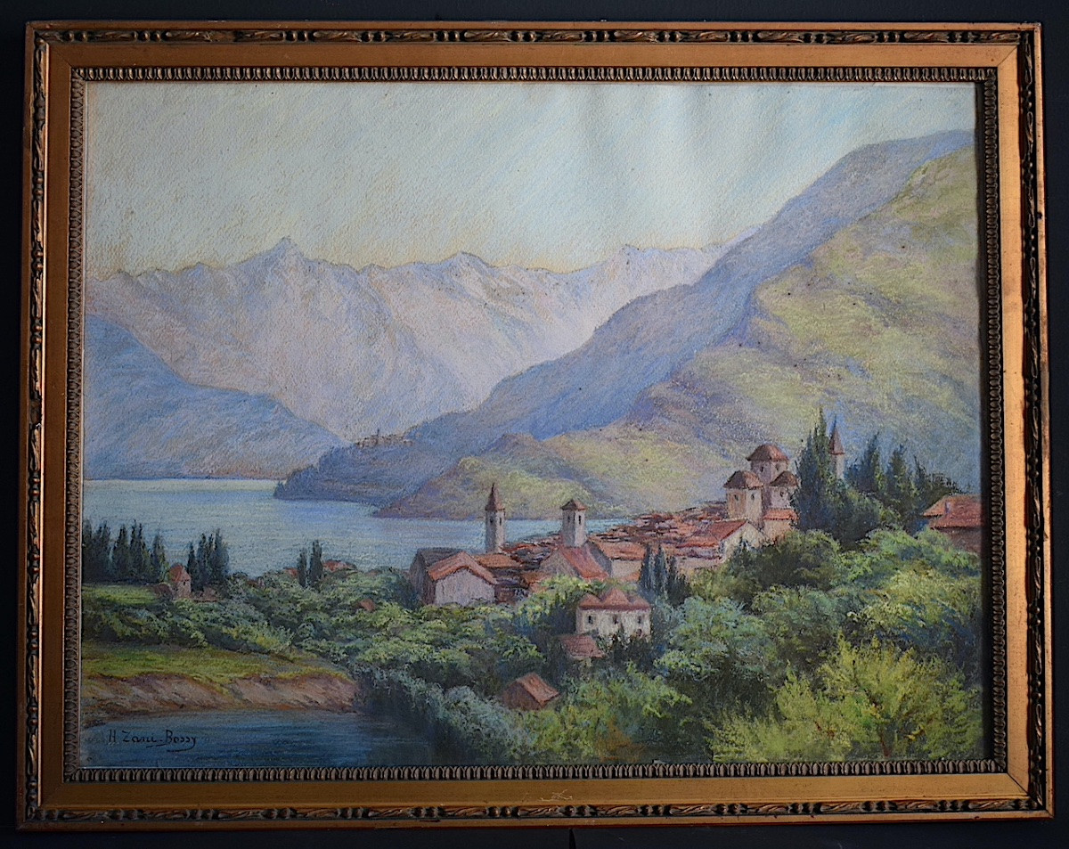 Pastel paysage bord de lac  Suisse Italie ? signé H ZANI BOSSY XX ème siècle RT1445-photo-6
