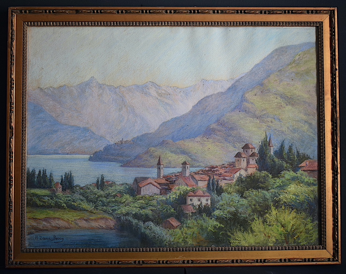 Pastel paysage bord de lac  Suisse Italie ? signé H ZANI BOSSY XX ème siècle RT1445