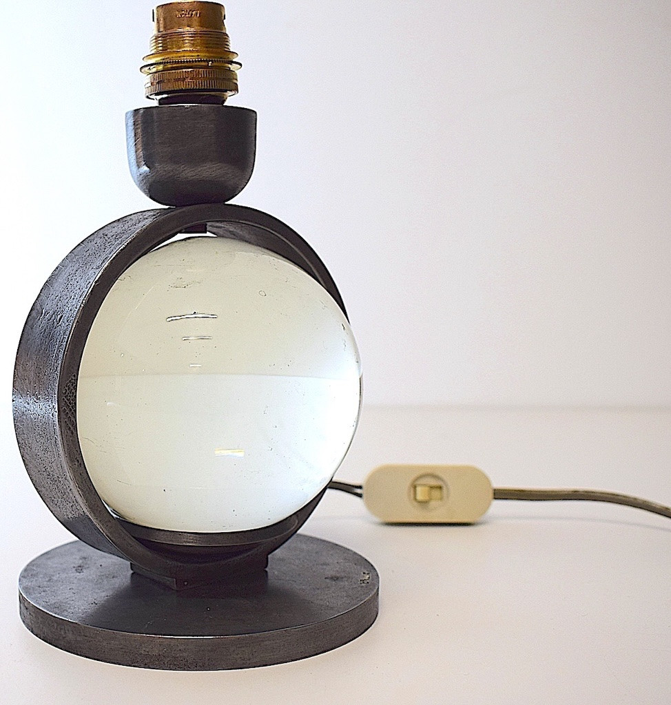 Edgar Brandt Modernist Table Lamp Art Deco Glass Ball And Wrought Iron Signed Ref1114-photo-3