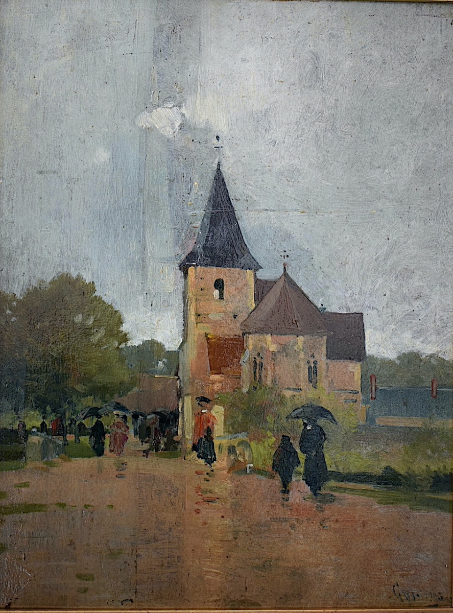 impressionniste daté 1903 village animé sous la pluie Bourgogne signé à identifier RT1451-photo-2