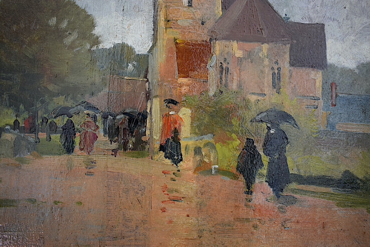 impressionniste daté 1903 village animé sous la pluie Bourgogne signé à identifier RT1451-photo-4