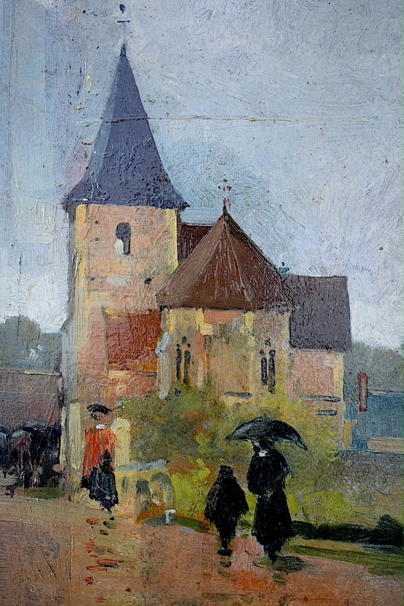 impressionniste daté 1903 village animé sous la pluie Bourgogne signé à identifier RT1451-photo-2
