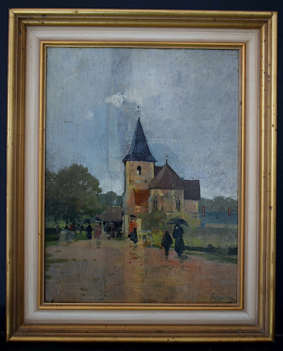 impressionniste daté 1903 village animé sous la pluie Bourgogne signé à identifier RT1451-photo-5
