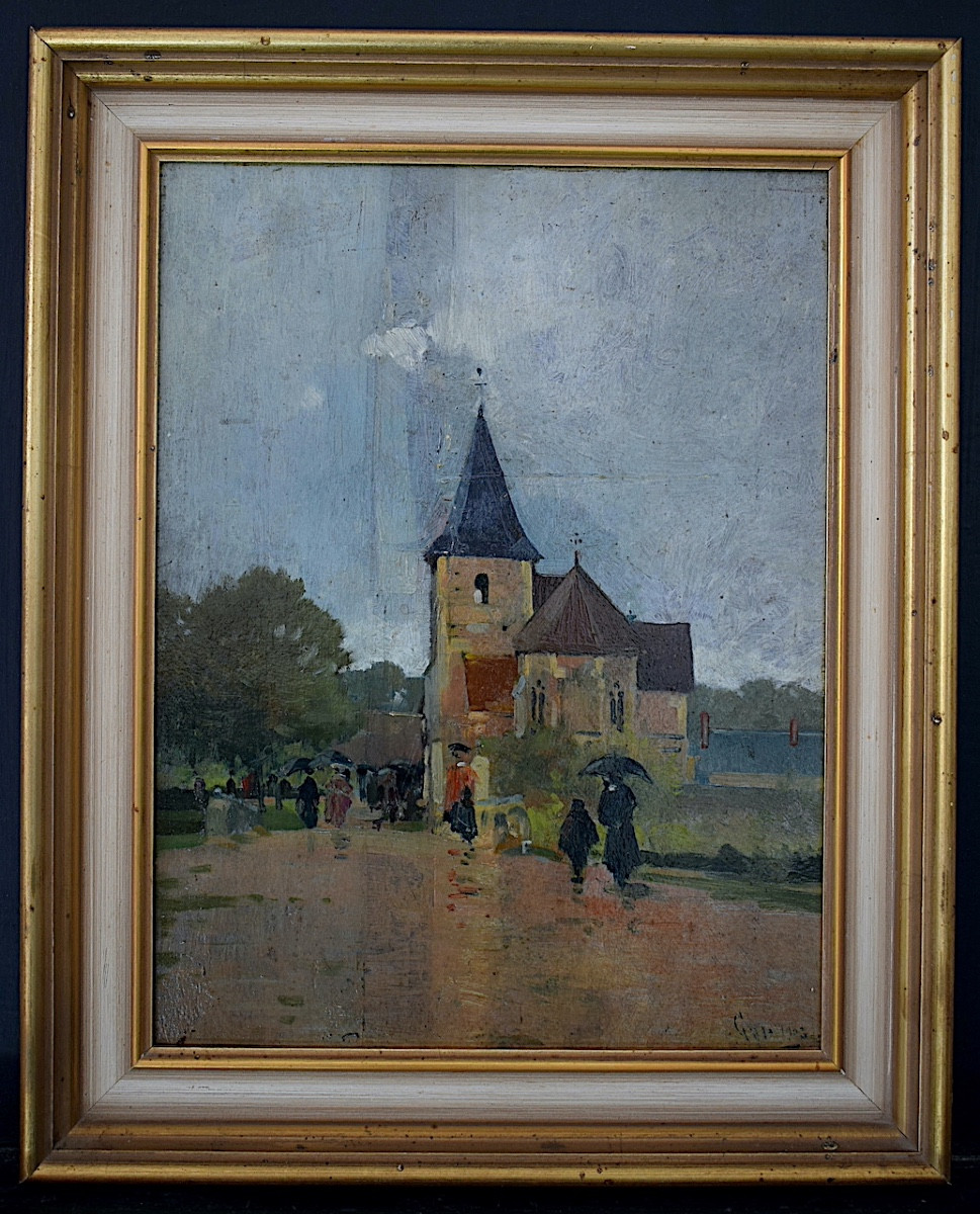 impressionniste daté 1903 village animé sous la pluie Bourgogne signé à identifier RT1451