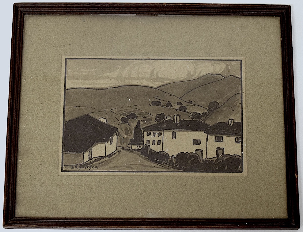 Jean Roger Sourgen Drawing Wash View Of Basque Village Refm02-photo-2