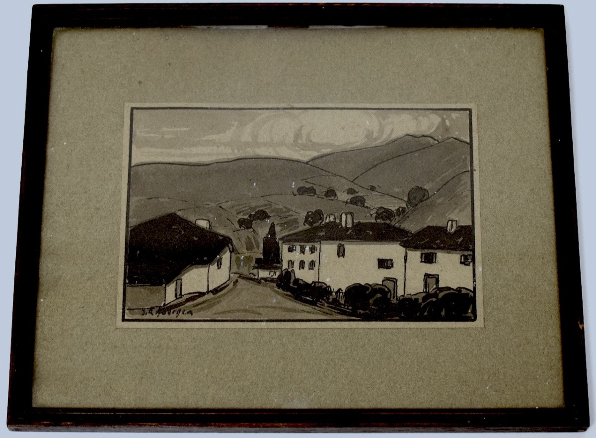 Jean Roger Sourgen Drawing Wash View Of Basque Village Refm02-photo-3