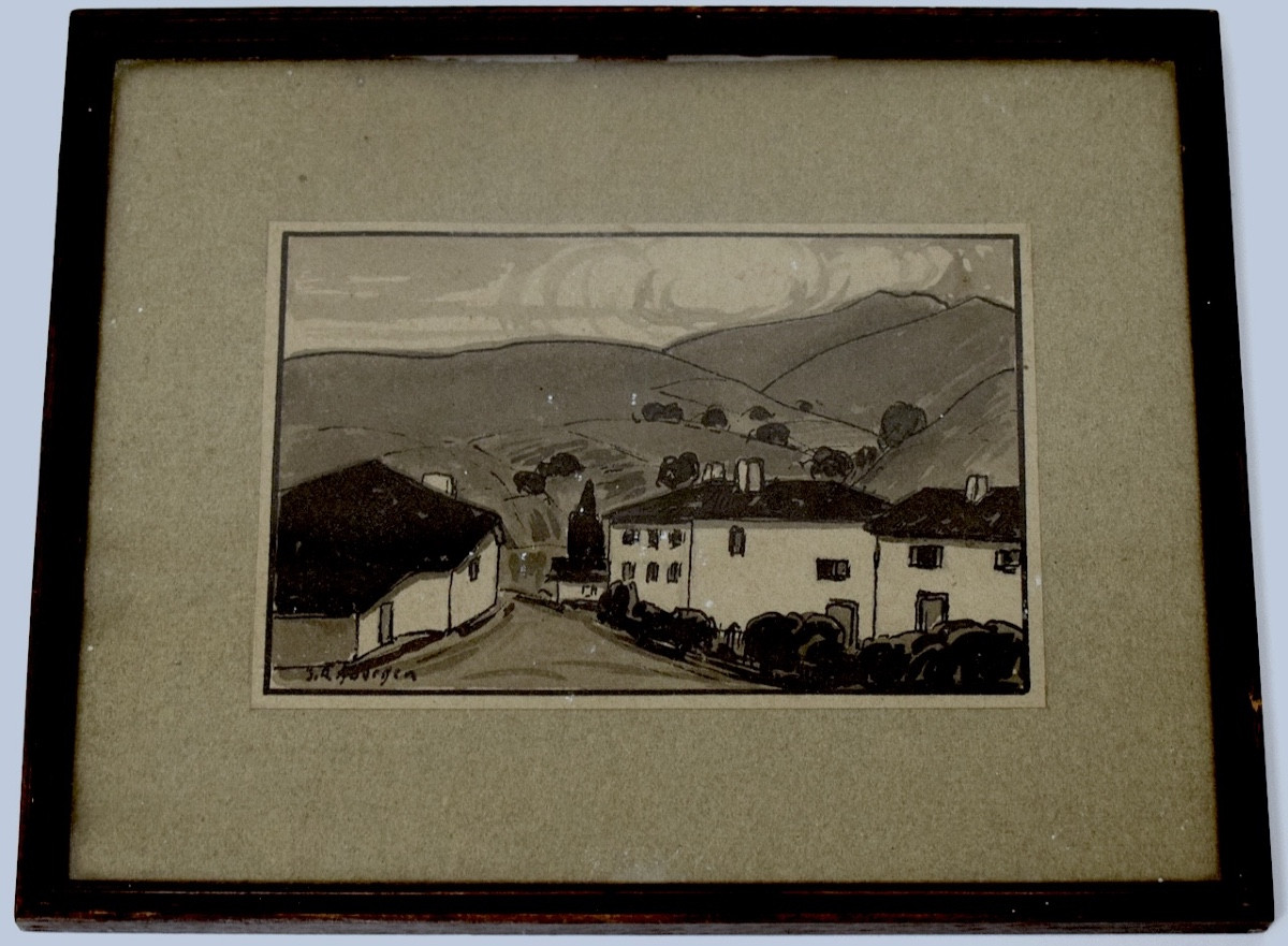 Jean Roger Sourgen Drawing Wash View Of Basque Village Refm02
