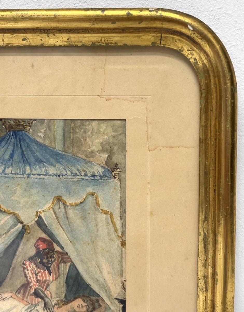 Aquarelle le réveil jeune femme et domestique Napoléon III Signée à identifier  REFM05-photo-3