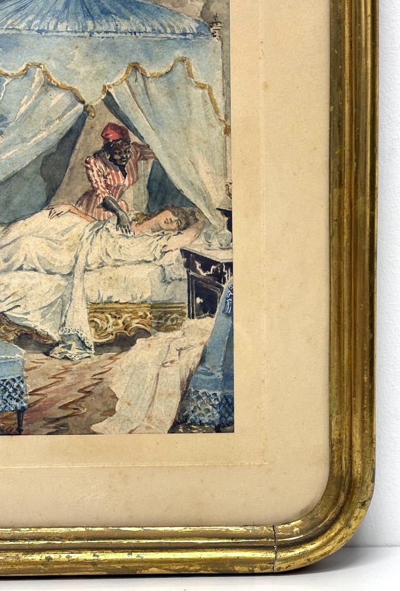 Aquarelle le réveil jeune femme et domestique Napoléon III Signée à identifier  REFM05-photo-1