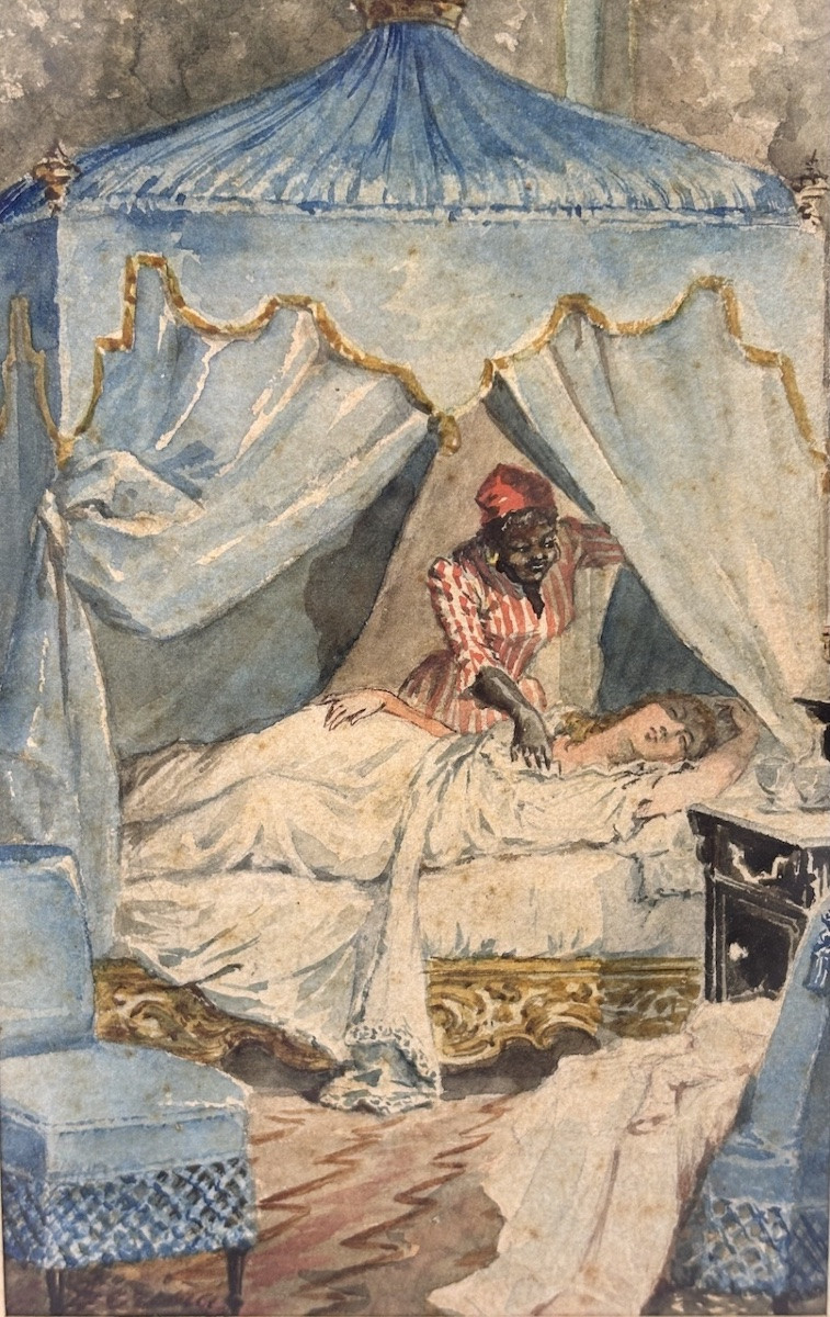 Aquarelle le réveil jeune femme et domestique Napoléon III Signée à identifier  REFM05-photo-2