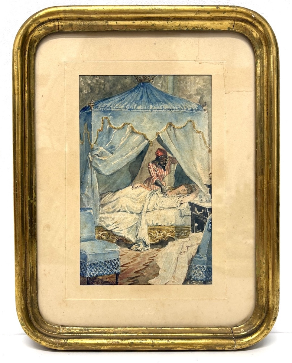 Aquarelle le réveil jeune femme et domestique Napoléon III Signée à identifier  REFM05