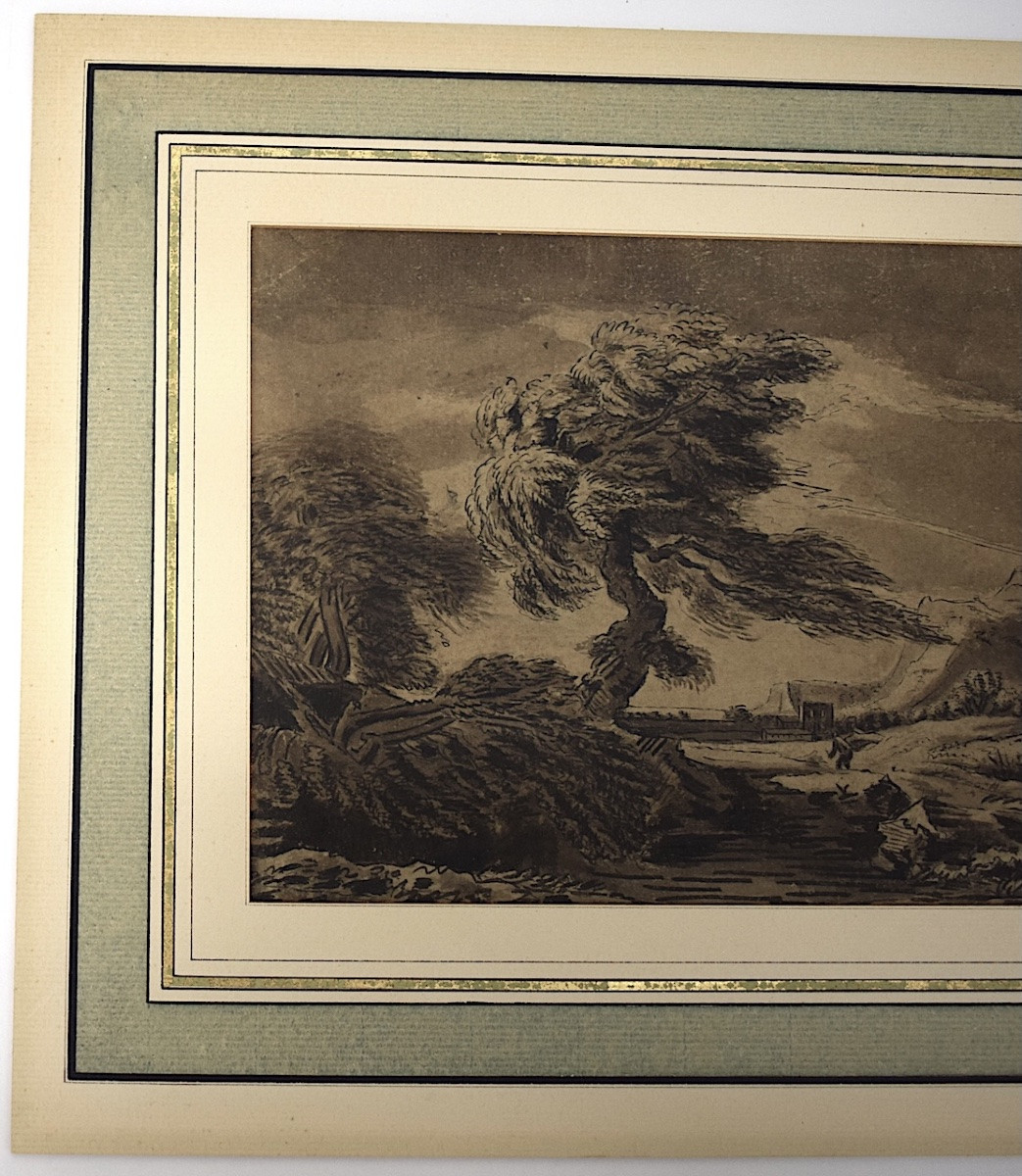 Wash Drawing Northern School 18th Century Stormy Landscape Refm06-photo-2