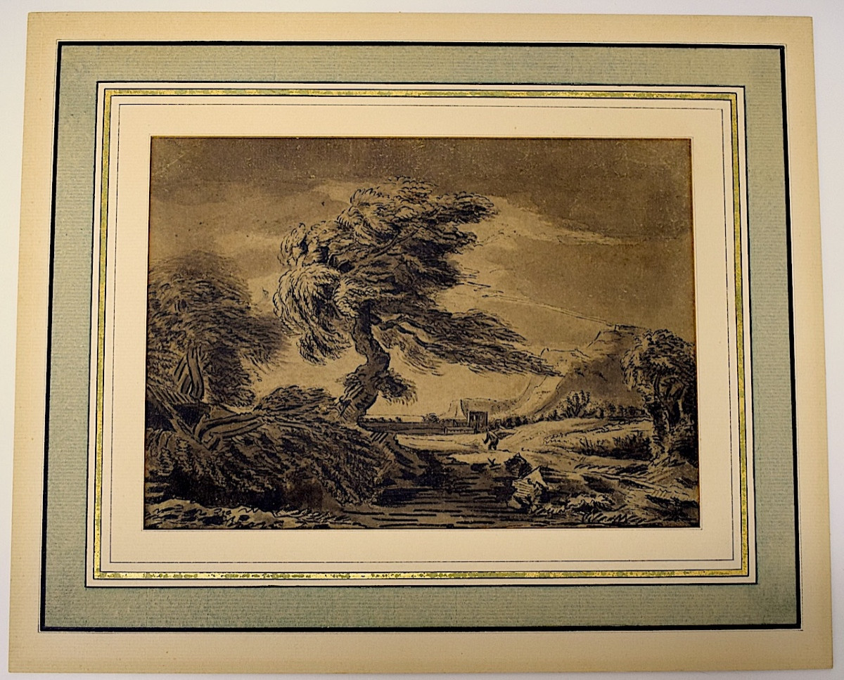 Wash Drawing Northern School 18th Century Stormy Landscape Refm06