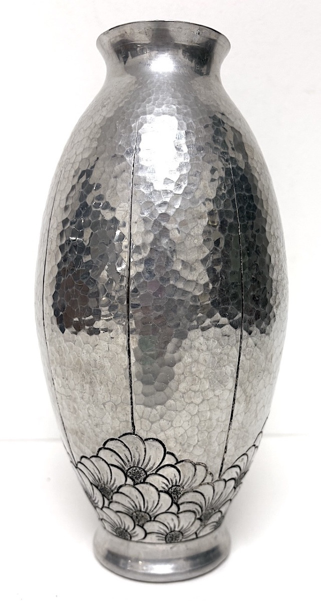 Vase Signed Art Gout Art Déco Dinanderie d'Aluminium Décor Floral 1925 1930 Ref1121-photo-2