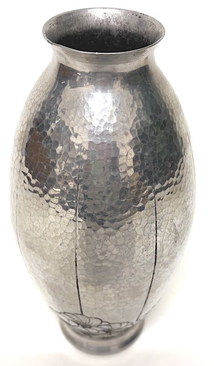 Vase Signed Art Gout Art Déco Dinanderie d'Aluminium Décor Floral 1925 1930 Ref1121-photo-1