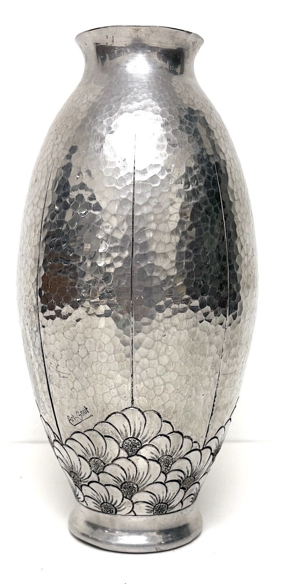Vase Signed Art Gout Art Déco Dinanderie d'Aluminium Décor Floral 1925 1930 Ref1121-photo-7