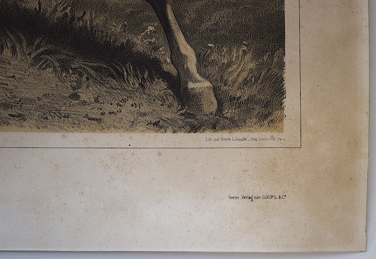 Gravure lithographie par Alfred de Dreux chevaux en liberté  éditeur Goupil Refm09-photo-5