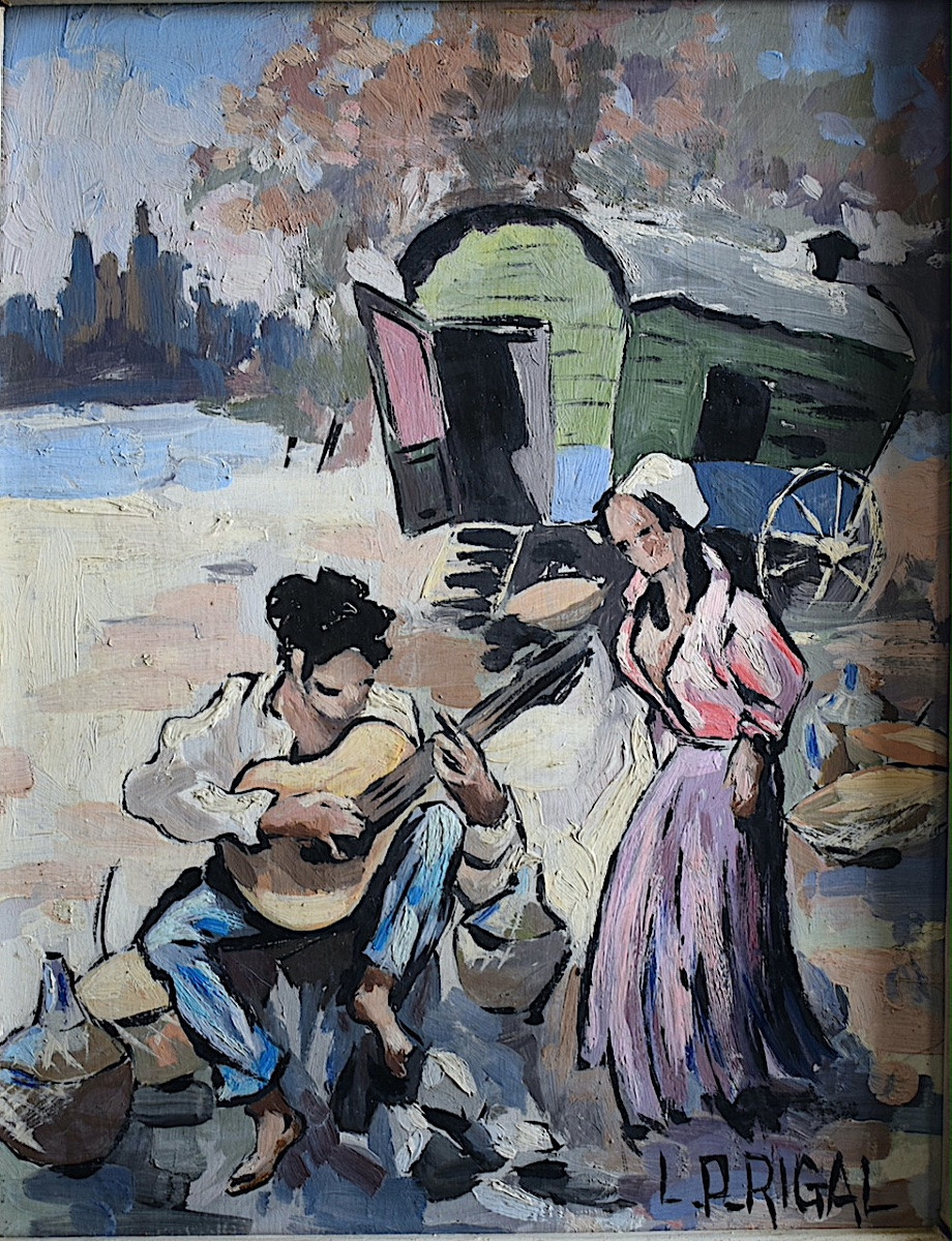 L P Rigal Post Impressionist Camargue Gypsy Couple Caravan Musician Guitar Rt1452-photo-2