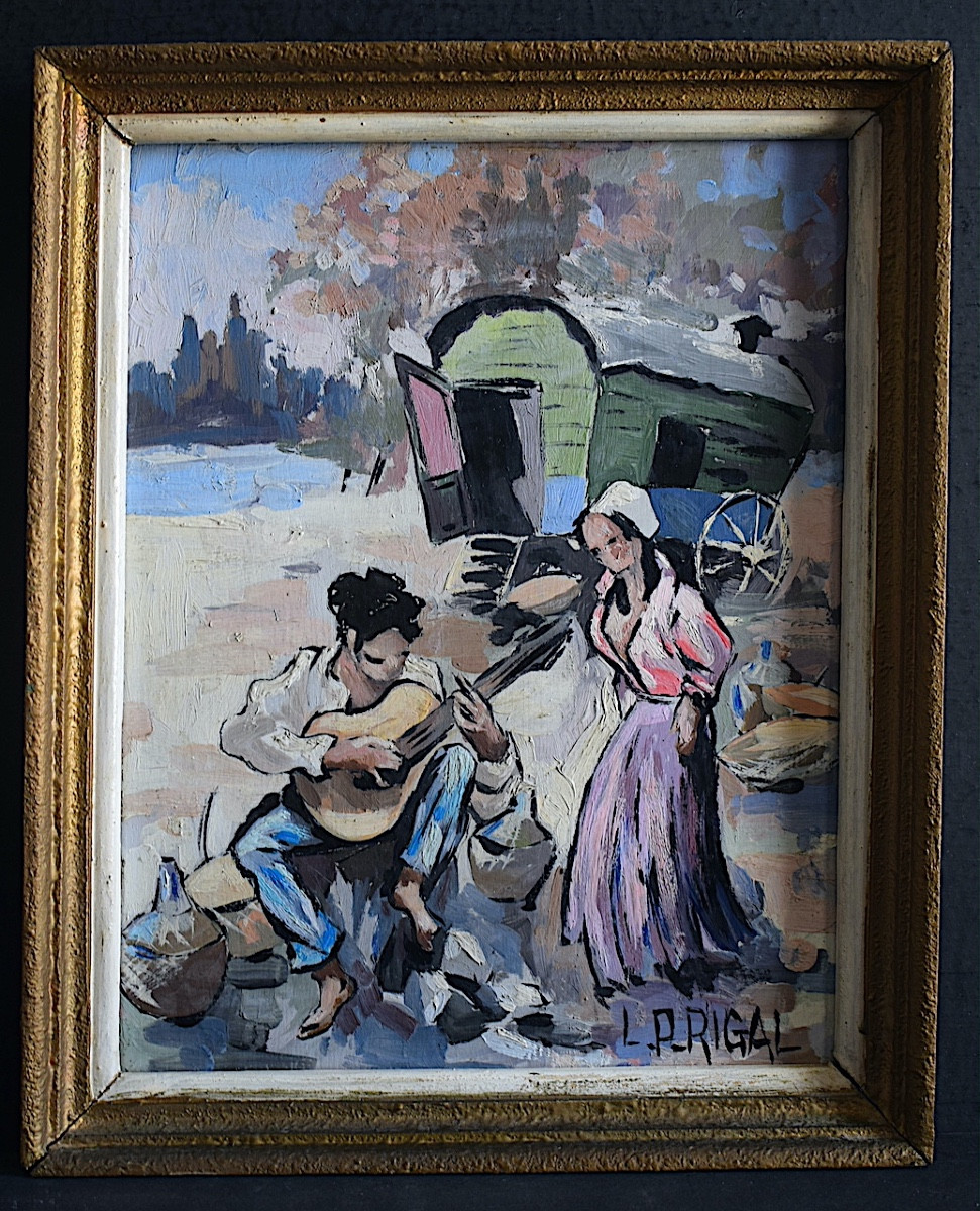 L P Rigal Post Impressionist Camargue Gypsy Couple Caravan Musician Guitar Rt1452