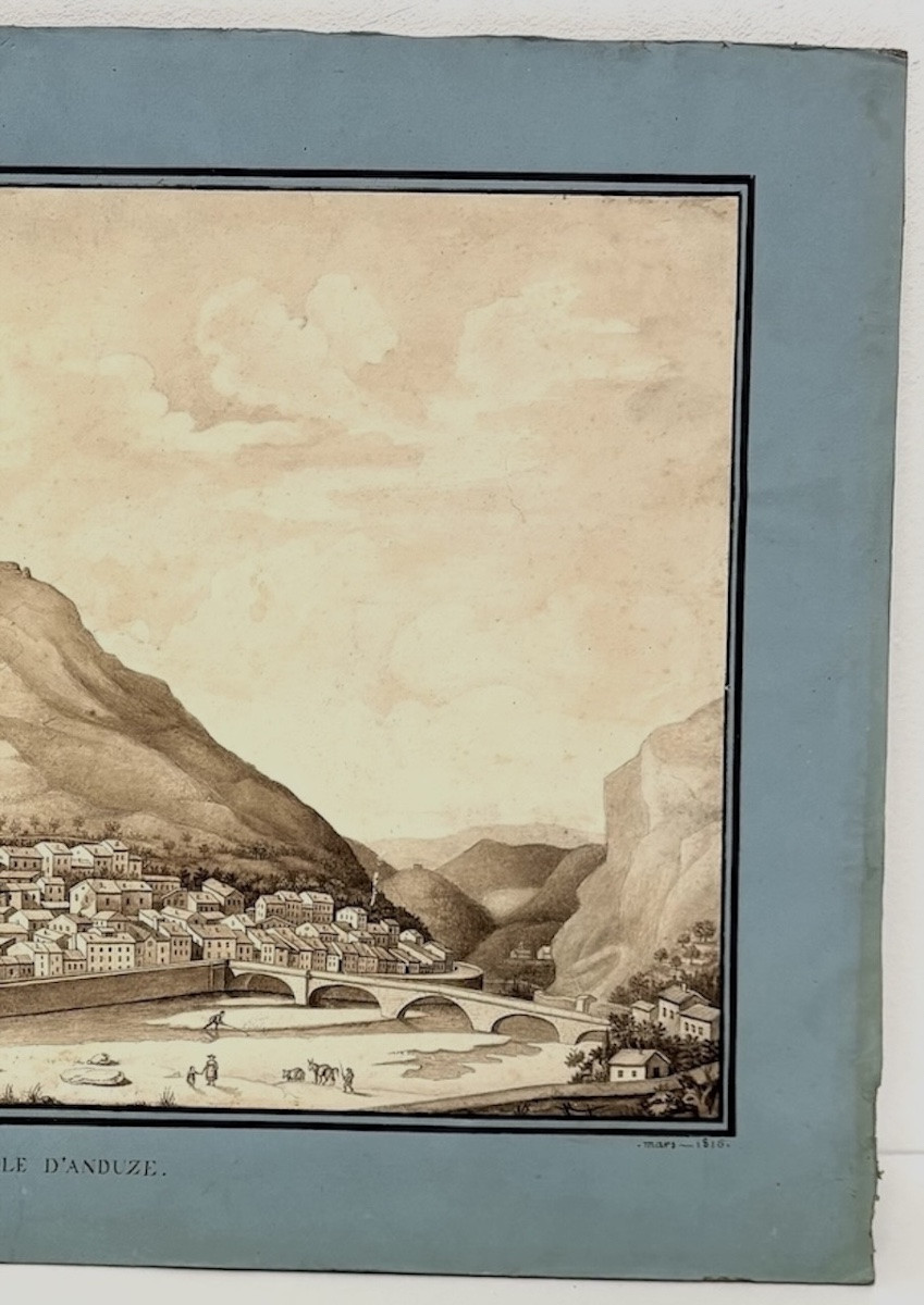 Drawing Wash Watercolor View Of The Town Of Anduze In 1816 Gard Gardon Signed Refm17-photo-3