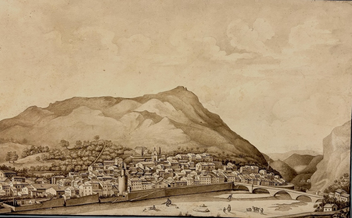 Drawing Wash Watercolor View Of The Town Of Anduze In 1816 Gard Gardon Signed Refm17-photo-4