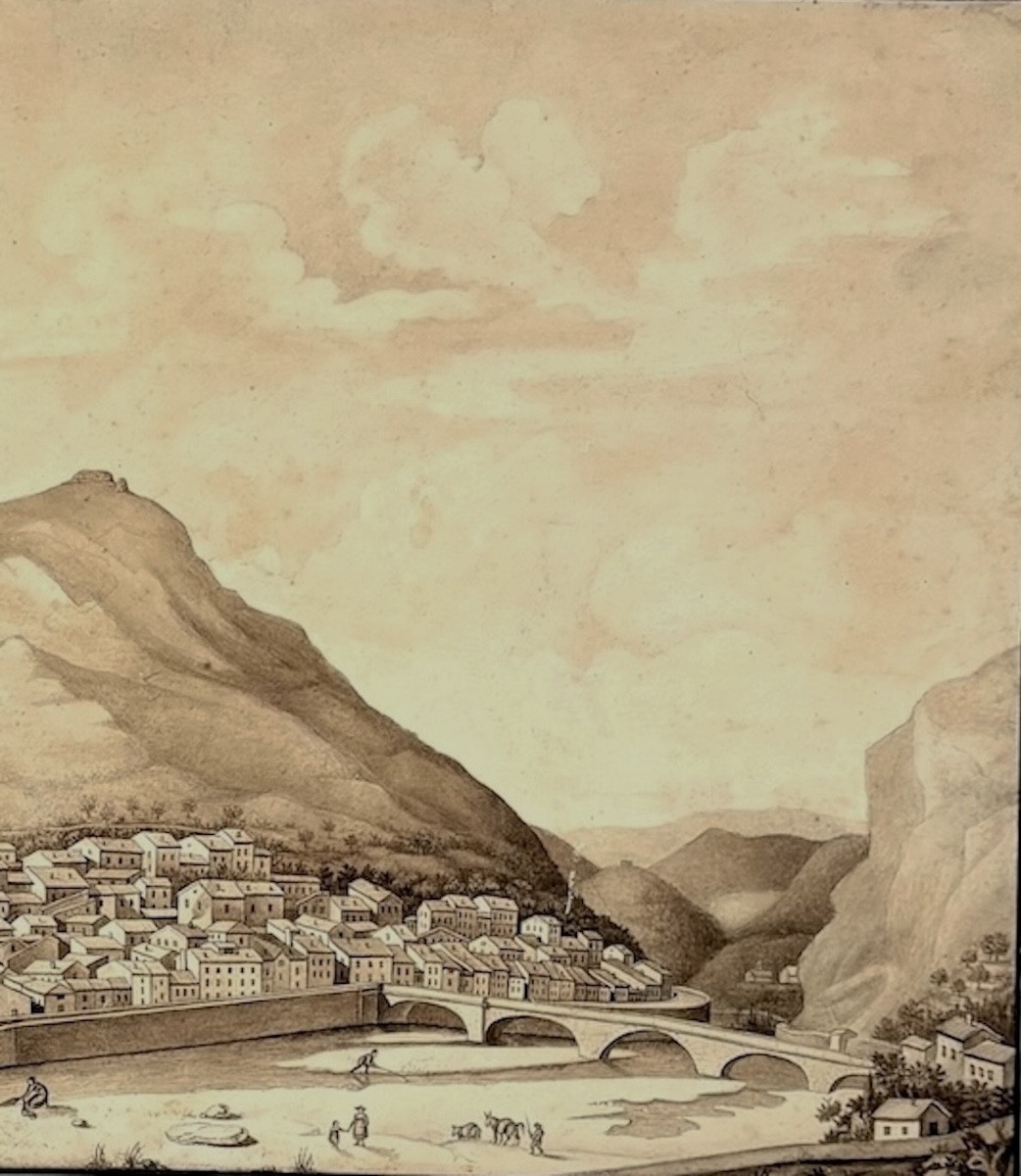 Drawing Wash Watercolor View Of The Town Of Anduze In 1816 Gard Gardon Signed Refm17-photo-2